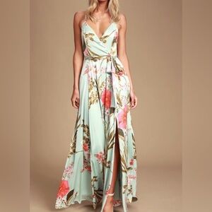 Lulu’s Still The One Sage Green Floral Print Satin Maxi Dress